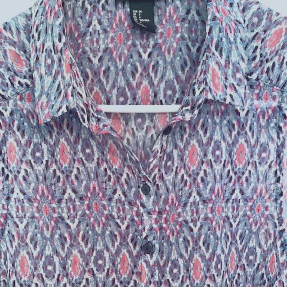 VTG H&M Sleeveless LIght Summer Blouse Button Up Collared Chiffon Purple/Pink